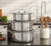 6-piece triple stainless steel cookware set with hammered design and stainless steel lids