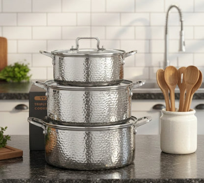 6-piece triple stainless steel cookware set with hammered design and stainless steel lids