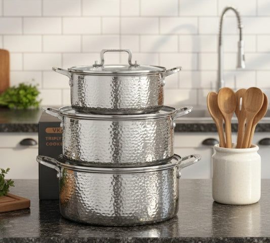 6-piece triple stainless steel cookware set with hammered design and stainless steel lids