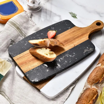 Rectangular Acacia wood cutting board with marble inlay – double-sided chopping and serving board

 