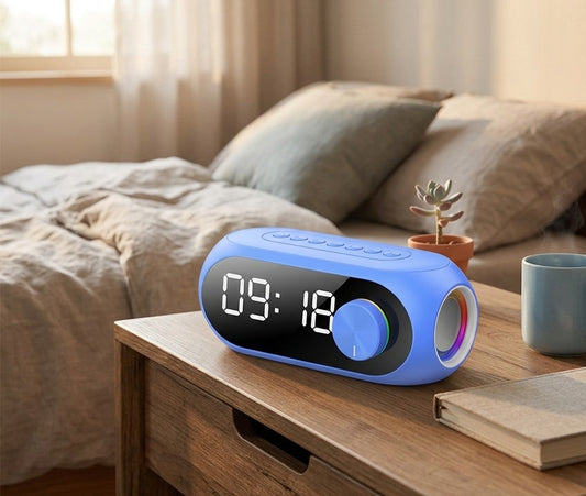 Portable digital alarm clock with Bluetooth speaker, USB rechargeable desk clock for bedroom, office, or travel. ⏰🔊✨
