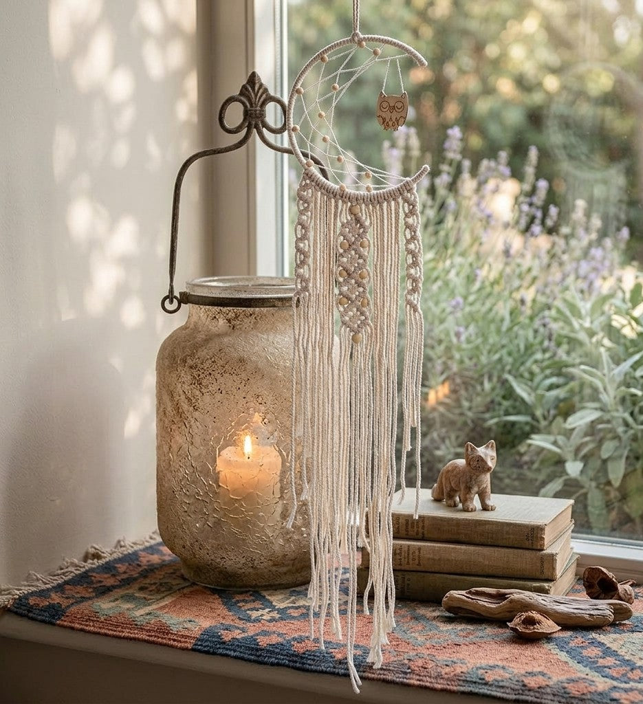 Macrame Wall Hanging Dreamcatcher with Owl Charm