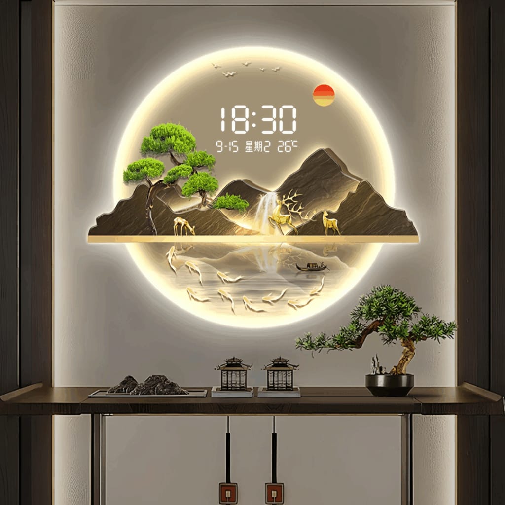 3D LED decorative wall clock with pine design, 60 by 80 cm round modern clock for home or office décor. 