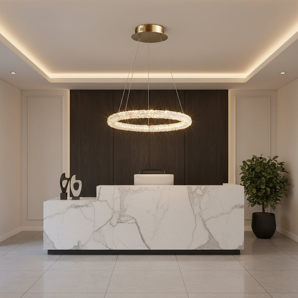 Dawood Lifestyle & Gadgets kes crystal ring LED chandelier with gold canopy, floating halo design, clear crystal glass ring, and integrated LED lighting for luxury dining rooms and modern interiors.