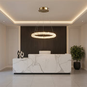 Dawood Lifestyle & Gadgets kes crystal ring LED chandelier with gold canopy, floating halo design, clear crystal glass ring, and integrated LED lighting for luxury dining rooms and modern interiors.