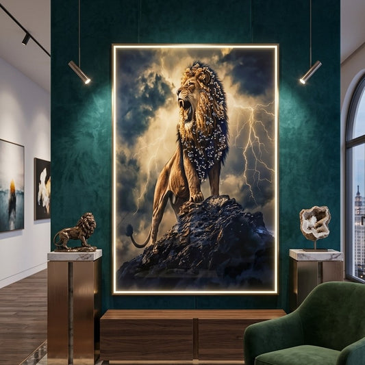 Large LED crystal majestic roaring lion wall art for luxury modern interior décor.