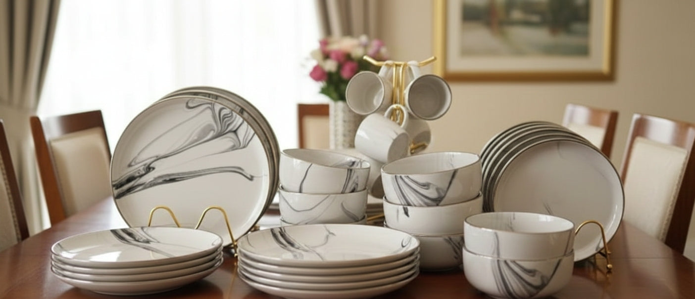 24 piece marble ceramic dinner set with plates, bowls, and cups