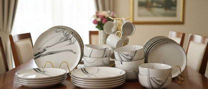 24 piece marble ceramic dinner set with plates, bowls, and cups