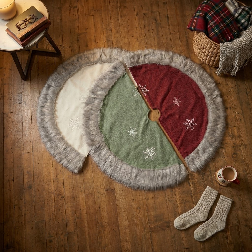 100cm Christmas Tree Skirt with Grey Faux Fur Edging and Snowflake Details