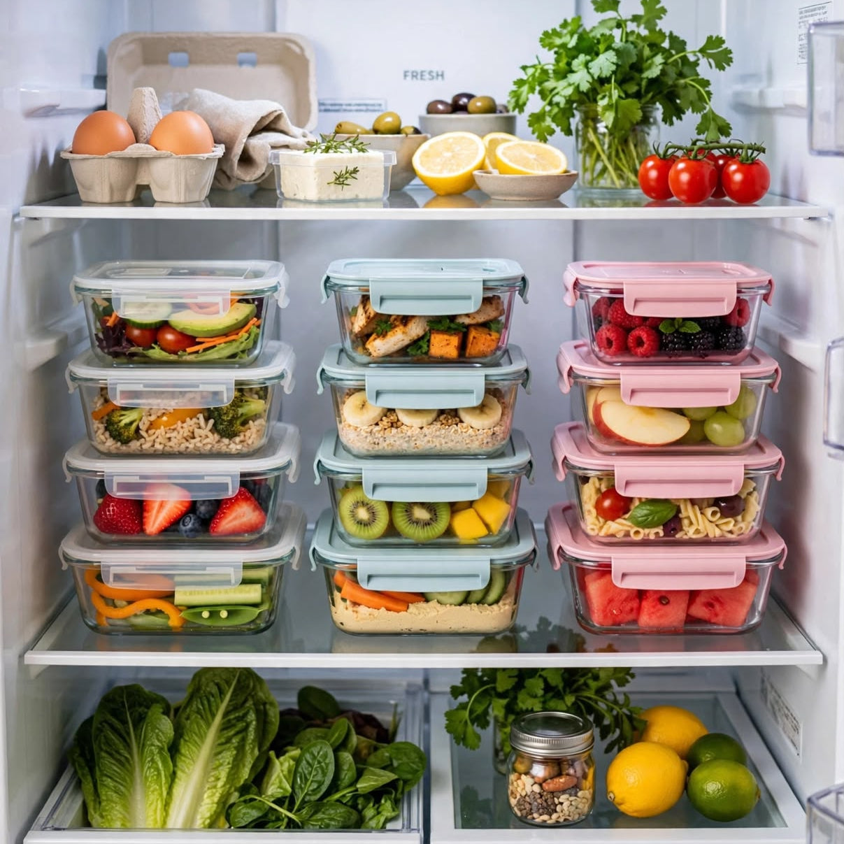 4 piece borosilicate glass food storage set with leak proof four side locking lids, available in clear, baby blue, and blush pink.