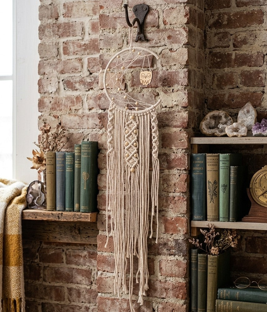 Macrame wall hanging dreamcatcher with owl charm, bohemian decorative piece for bedroom or living room walls. 