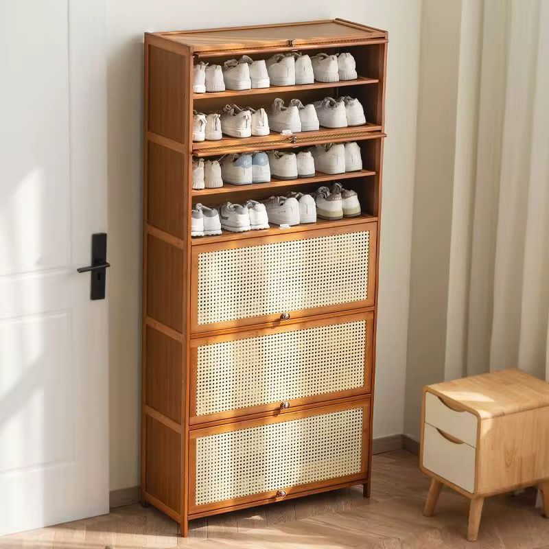 Eleven layer storage organizer with rattan and wooden finish measuring 80x32x172 cm.