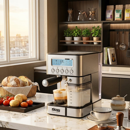 Modern espresso coffee maker with LCD display, 15 bar pump, and automatic milk frother for café-style coffee.