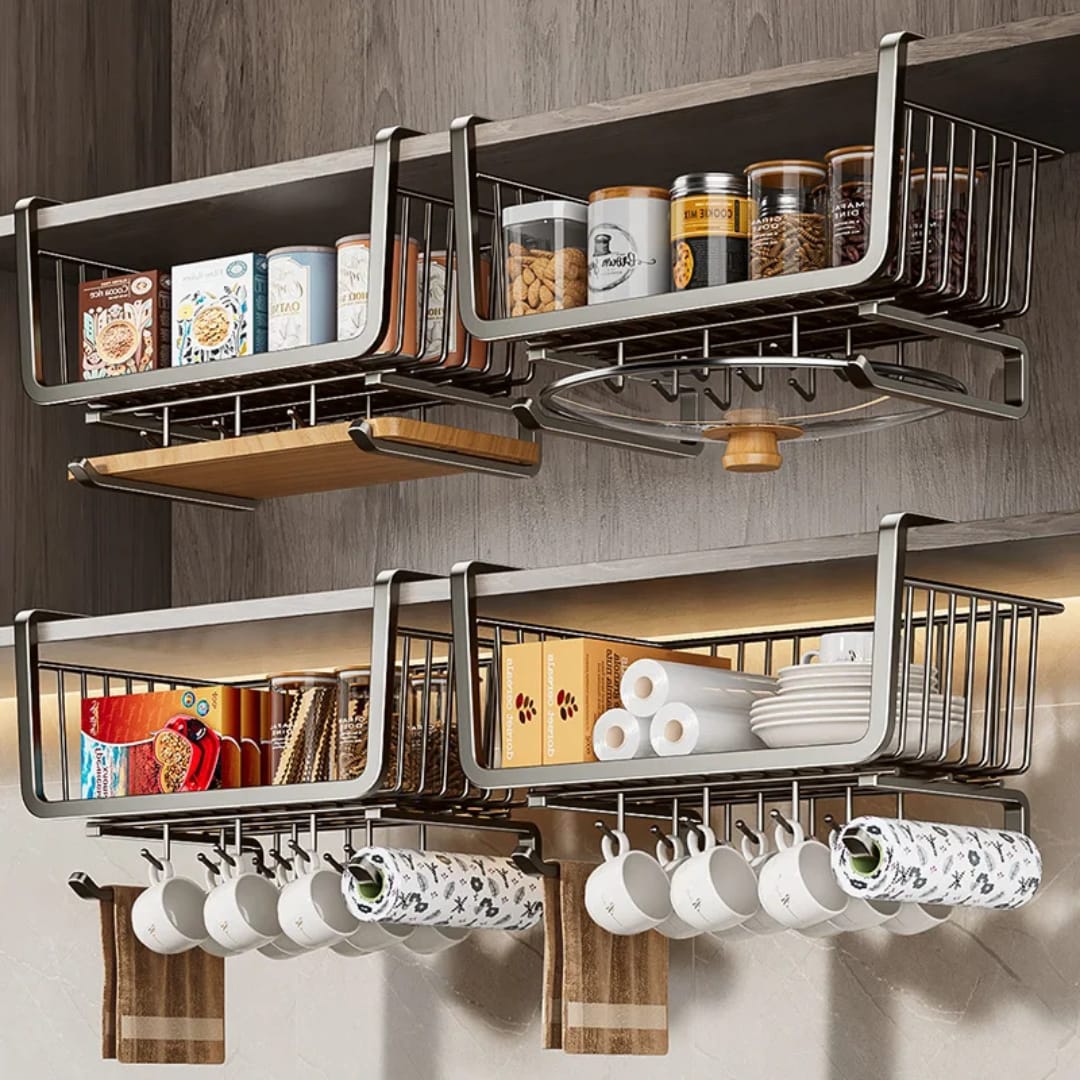 4 in 1 Metallic under shelf rack with hooks for kitchen storage and organization in black color 