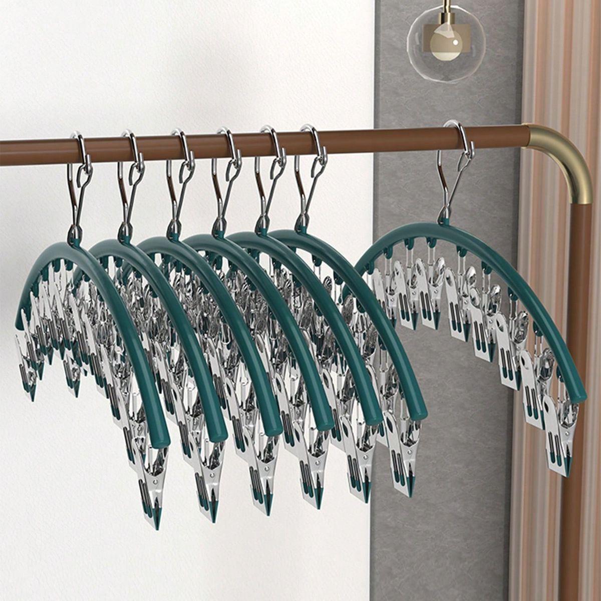10-peg stainless steel clothes drying hanger with wind-proof clips for socks and underwear