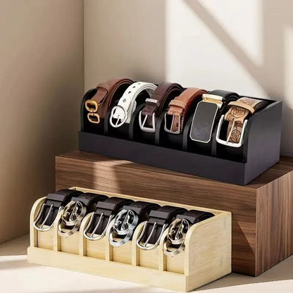 6 Slot premium bamboo belt organizer for neatly storing and organizing belts in wardrobe or closet