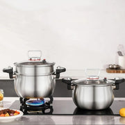 304 triply stainless steel 2 in 1 pressure cooker with steamer pot and 8L capacity. 