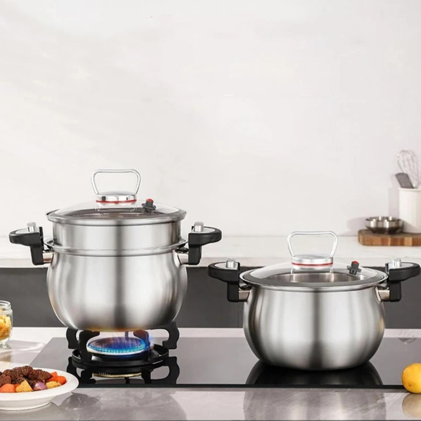 304 triply stainless steel 2 in 1 pressure cooker with steamer pot and 8L capacity. 