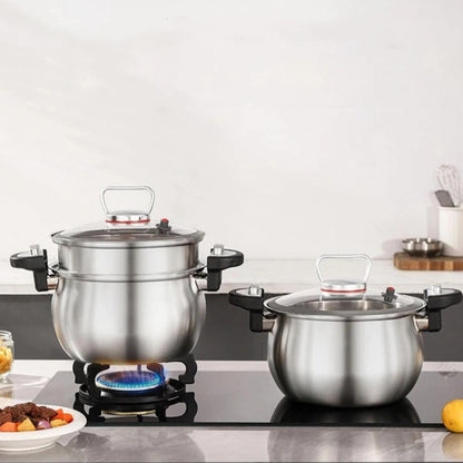 304 triply stainless steel 2 in 1 pressure cooker with steamer pot and 8L capacity. 