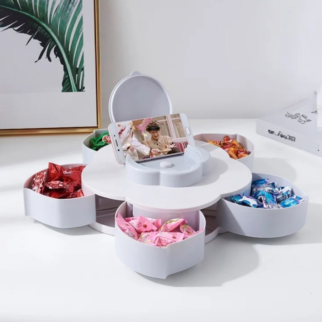 5-Petal Plum-Shaped Rotating Snack & Fruit Bowl with Mobile Phone Holder