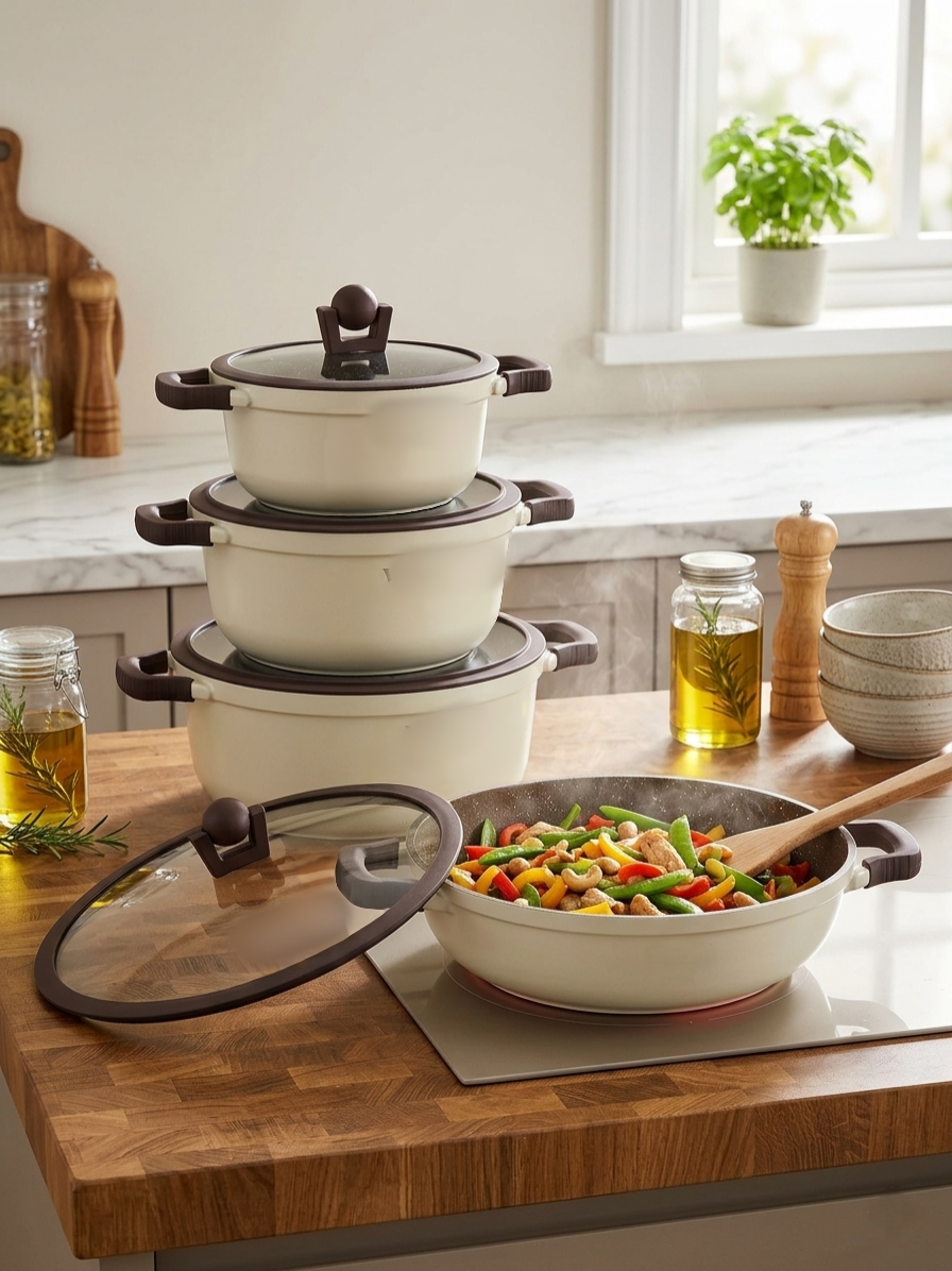 10-Piece granite cookware set with handle protectors for kitchen use