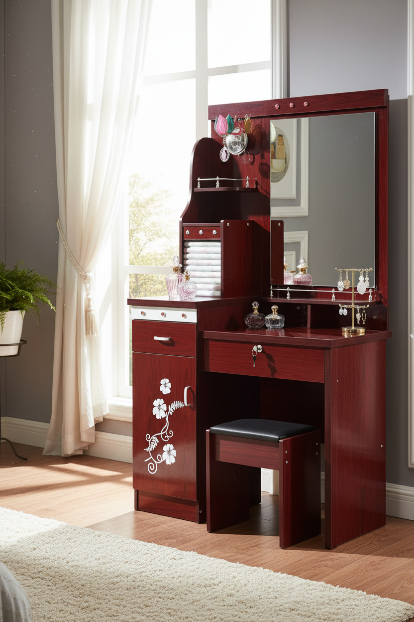 Mahogany Red Vanity Dressing Table With Floral Cabinet