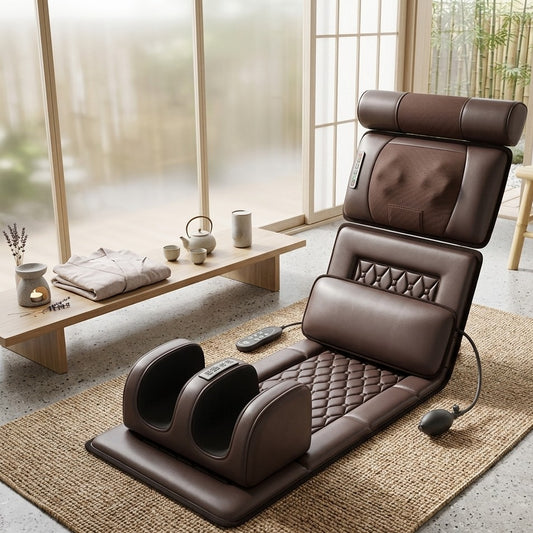 Full body flexible massage mattress seat with multiple massage zones for head, back, and legs for home relaxation use.