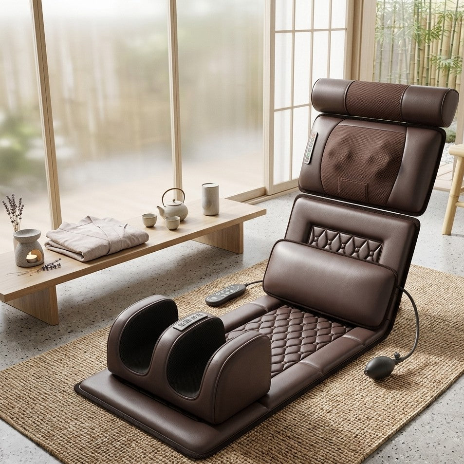Full body flexible massage mattress seat with multiple massage zones for head, back, and legs for home relaxation use.
