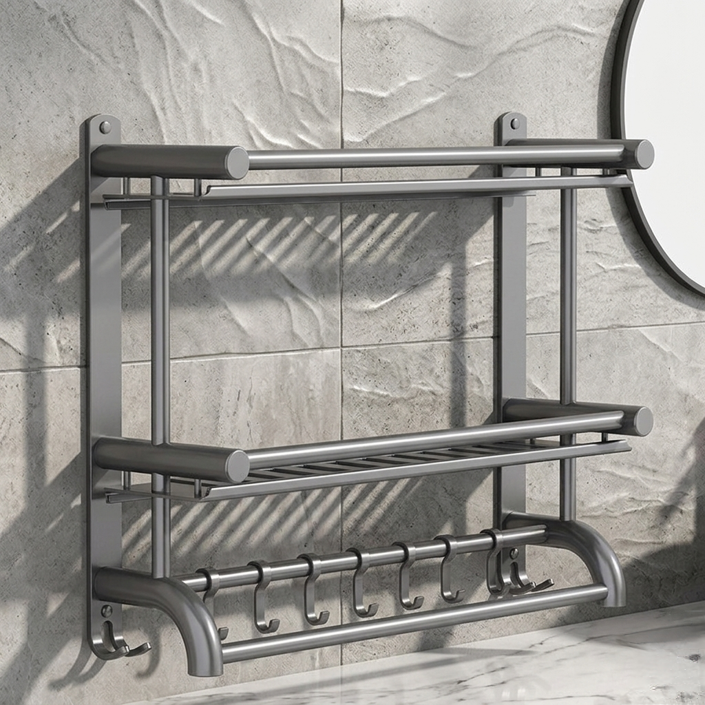 Double layer bathroom rack with hooks for organizing household items