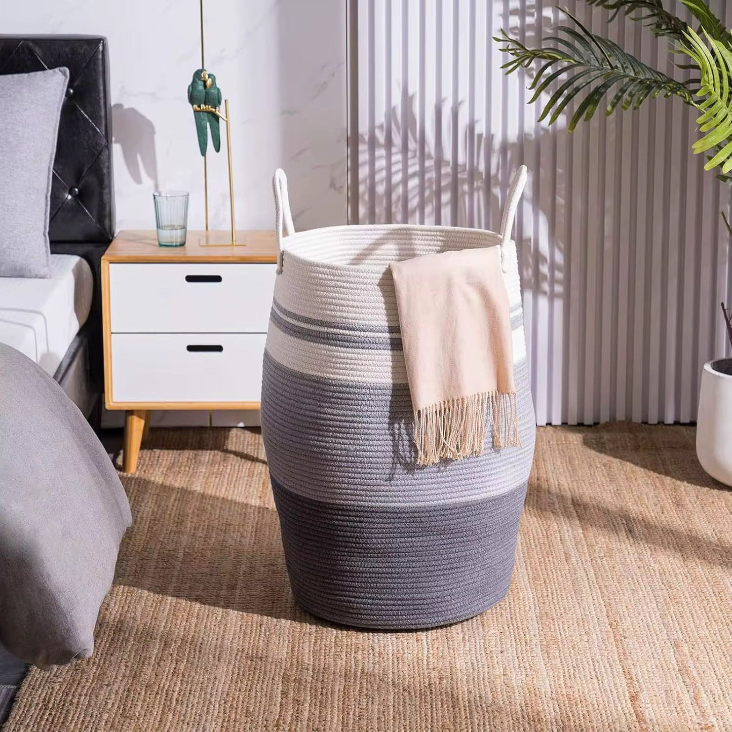 Large woven cotton rope storage basket with handles