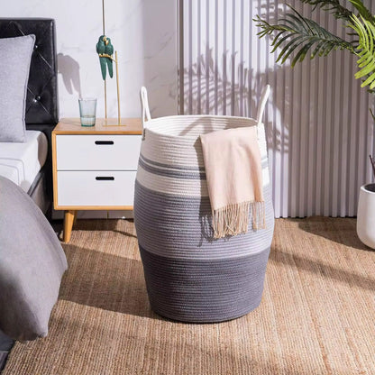 Large woven cotton rope storage basket with handles