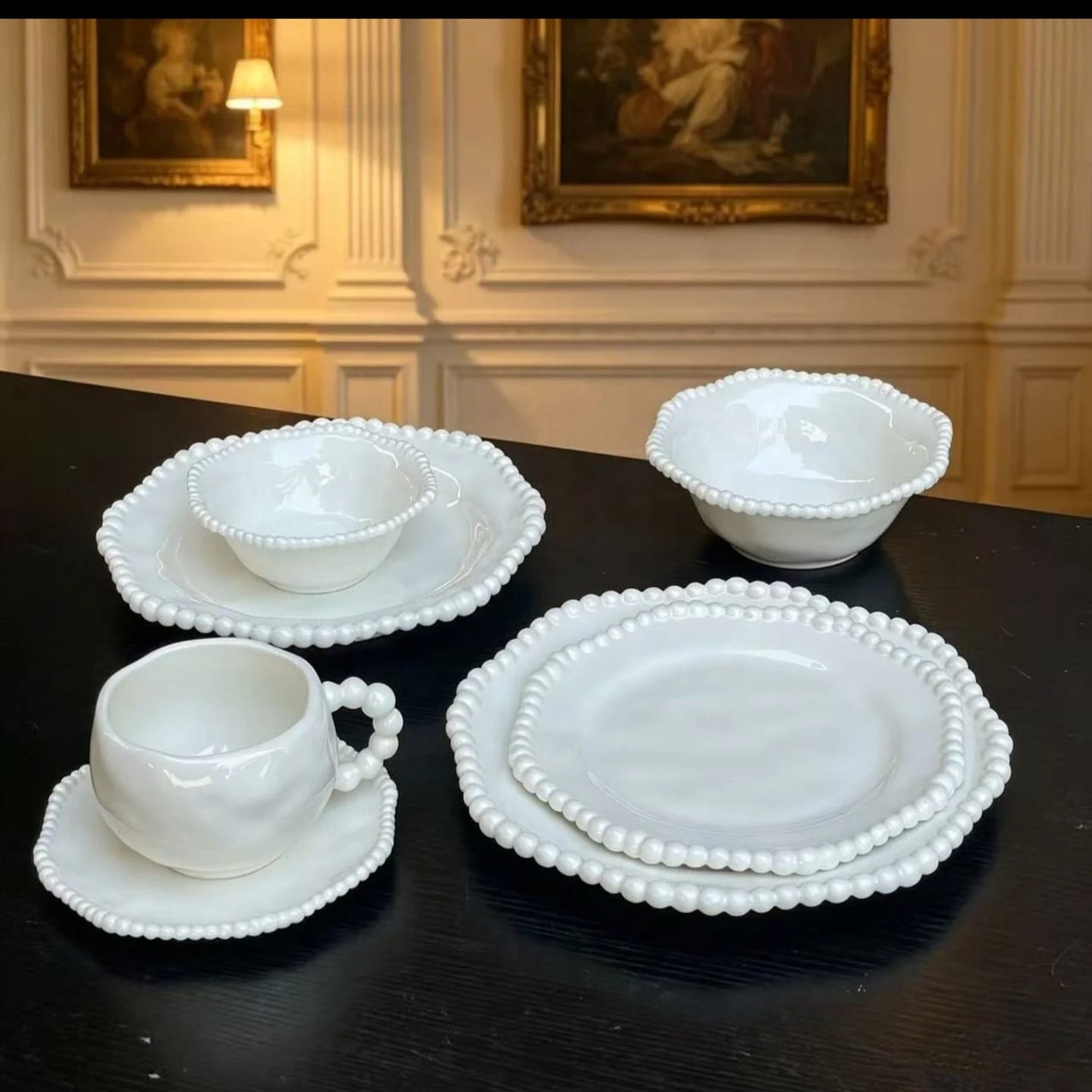 36 Piece Pearl Rim White Ceramic Dinnerware Set