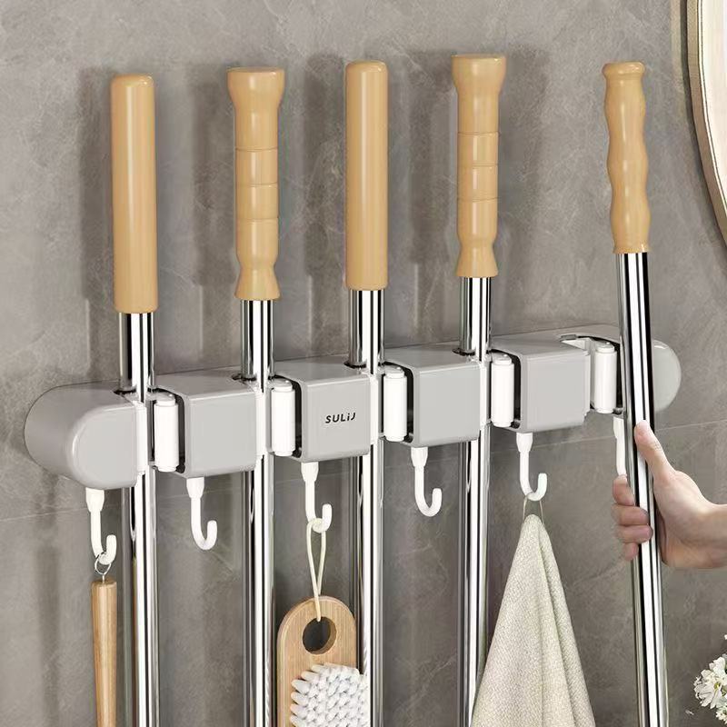 Gemelli Collections non-slip wall-mounted mop holder with 5 racks and 6 hooks for household organization