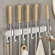 Gemelli Collections non-slip wall-mounted mop holder with 5 racks and 6 hooks for household organization