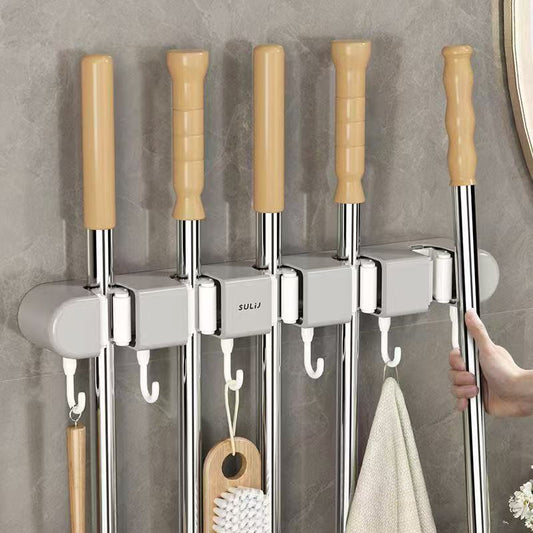 Gemelli Collections non-slip wall-mounted mop holder with 5 racks and 6 hooks for household organization