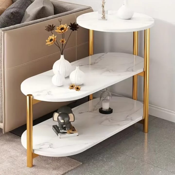 Modern luxury marble-effect coffee side table in white and grey, suitable for sofa or bedside use