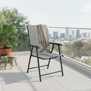 YJ-8 folding outdoor chair with black steel frame, gray textilene mesh seat, high backrest, and armrests for patio, garden, and outdoor seating.