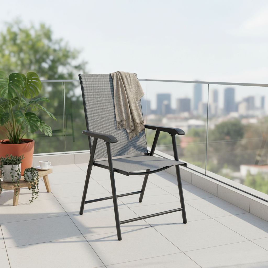YJ-8 folding outdoor chair with black steel frame, gray textilene mesh seat, high backrest, and armrests for patio, garden, and outdoor seating.