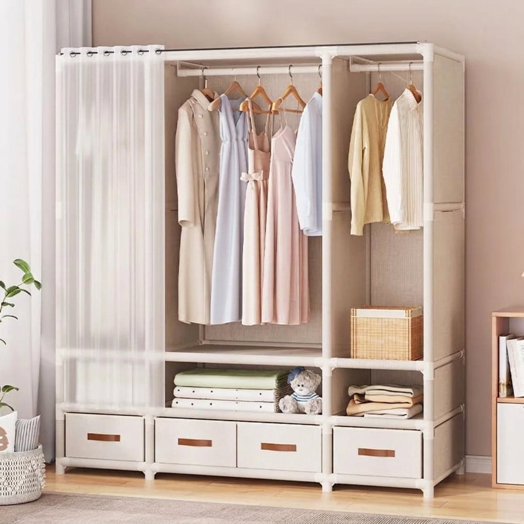Alt Text
Heavy-duty metallic wardrobe in black or cream white with spacious storage for clothes, shoes, and accessories.