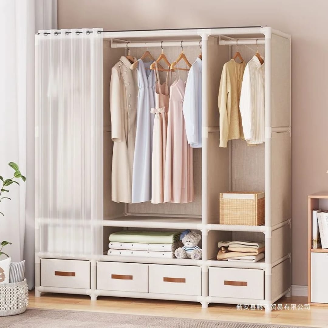 Alt Text
Heavy-duty metallic wardrobe in black or cream white with spacious storage for clothes, shoes, and accessories.