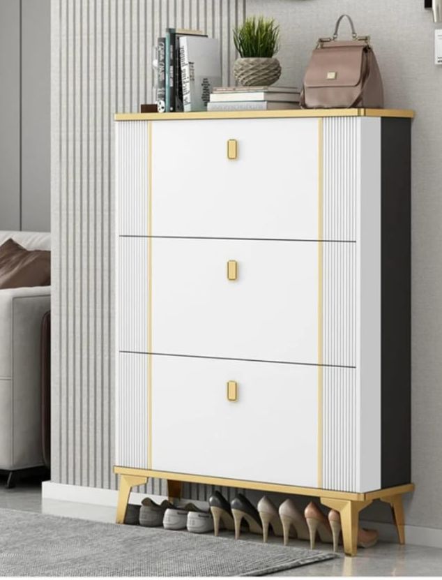 Double layer bucket flip shoe cabinet with slim space-saving design and modern finish