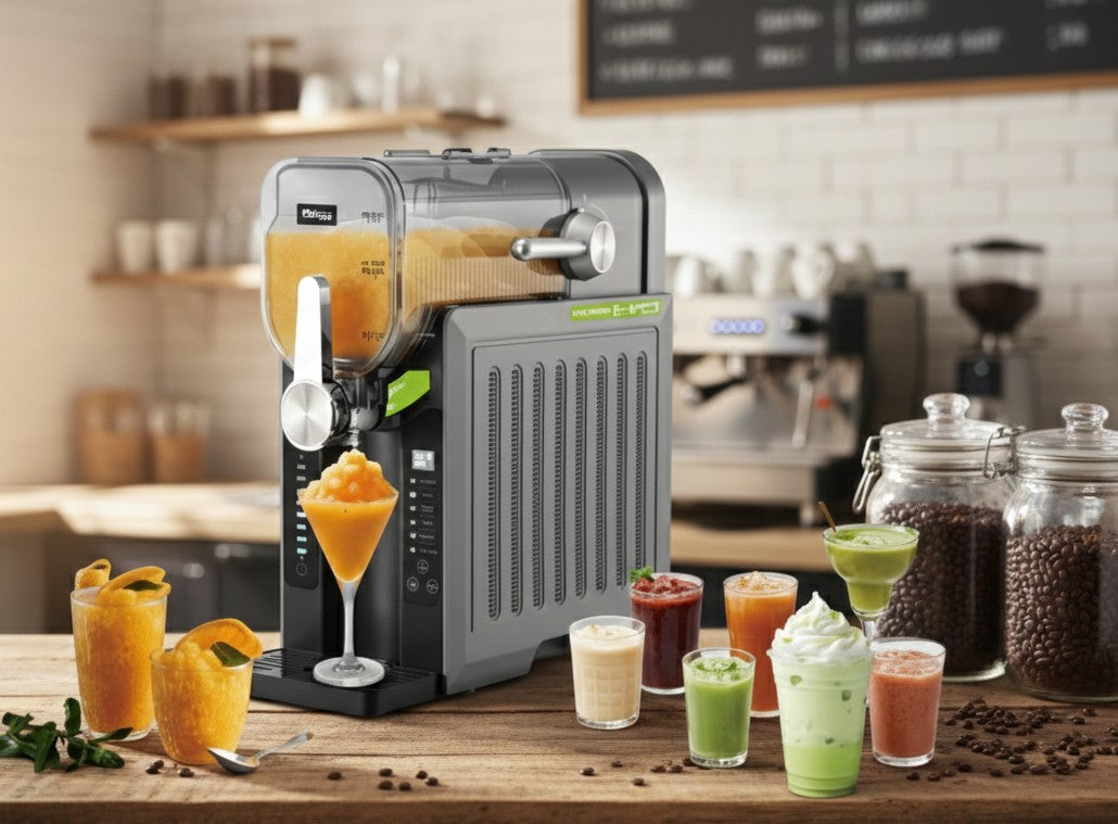 Slushie and frozen drink maker with built-in chill compressor and fast cooling technology