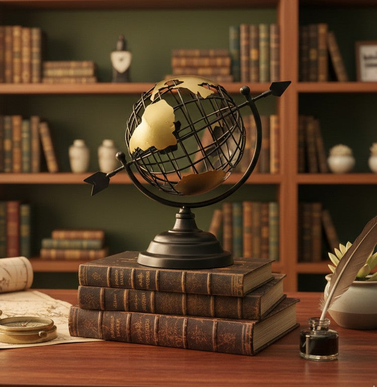 Black globe with gold metal rotating frame and base