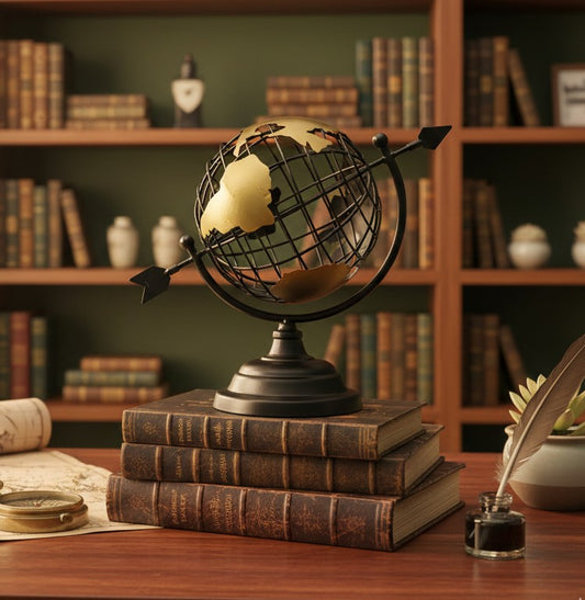 Black globe with gold metal rotating frame and base
