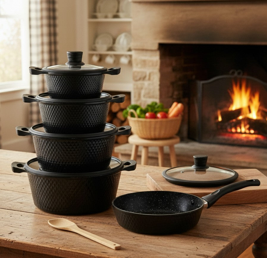 Black eleven piece cookware set with silicone lid covers