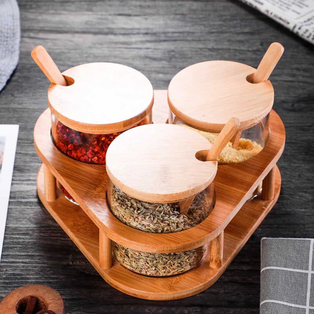3Pcs Spice Jars With Bamboo Holder