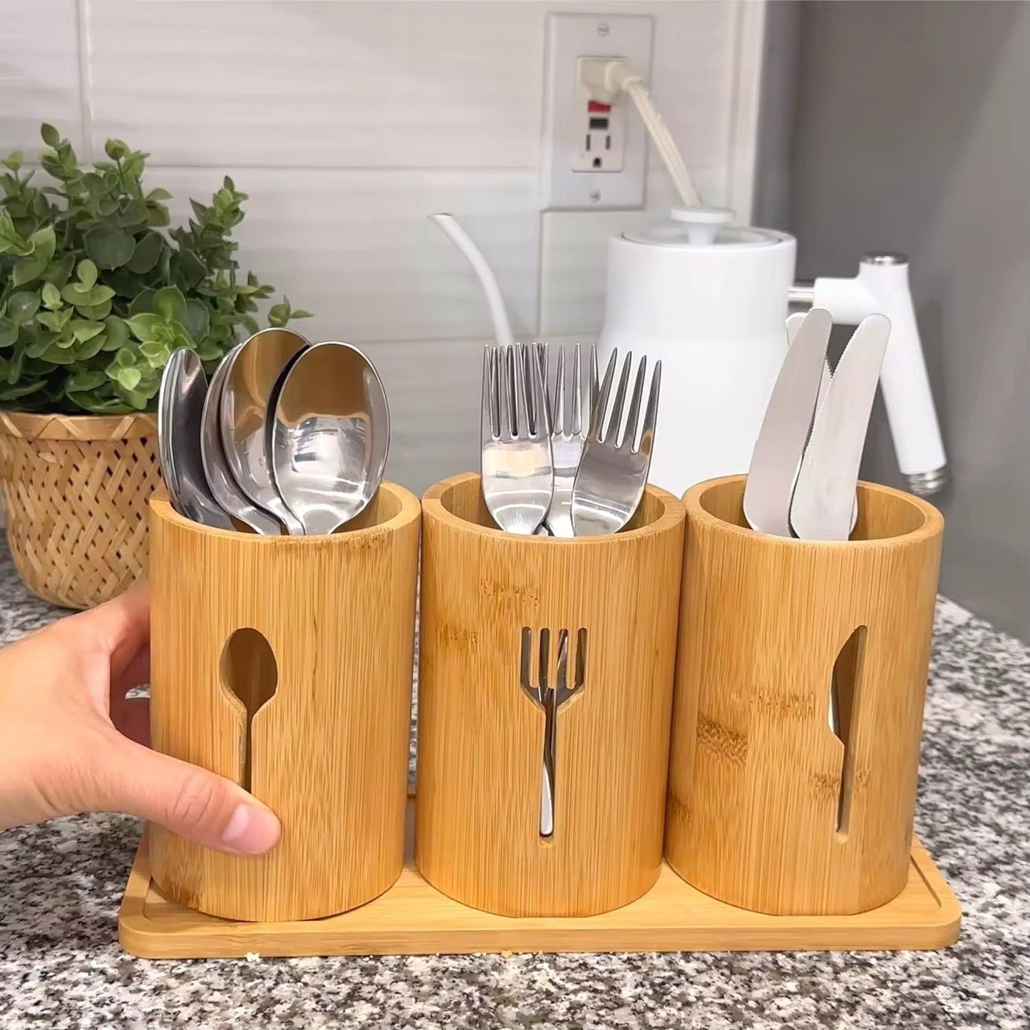 4-in-1 bamboo cutlery organizer with compartments for spoons, forks, and knives