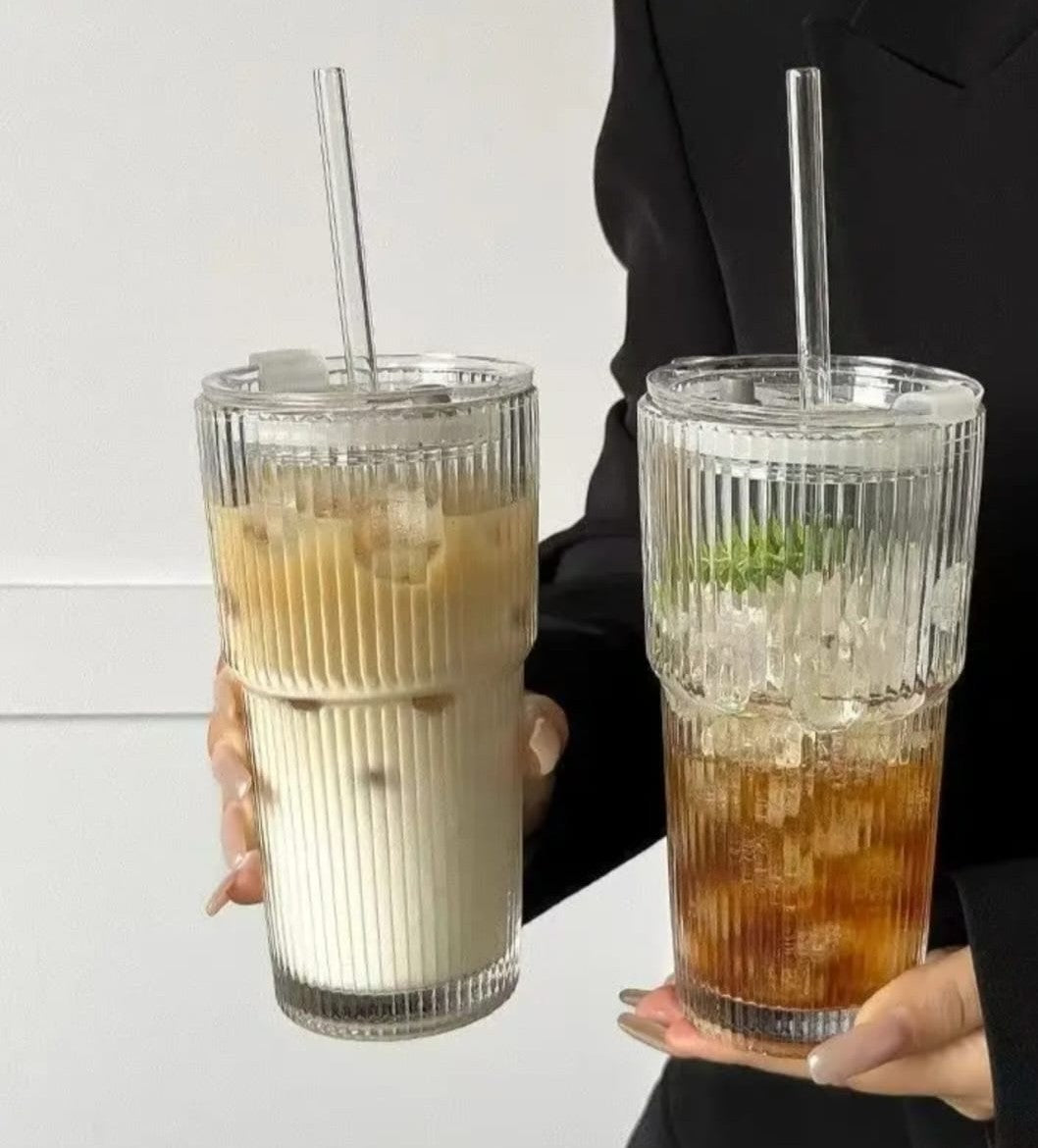 Vertical Striped Glass Cup with Lid