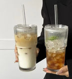 Vertical Striped Glass Cup with Lid