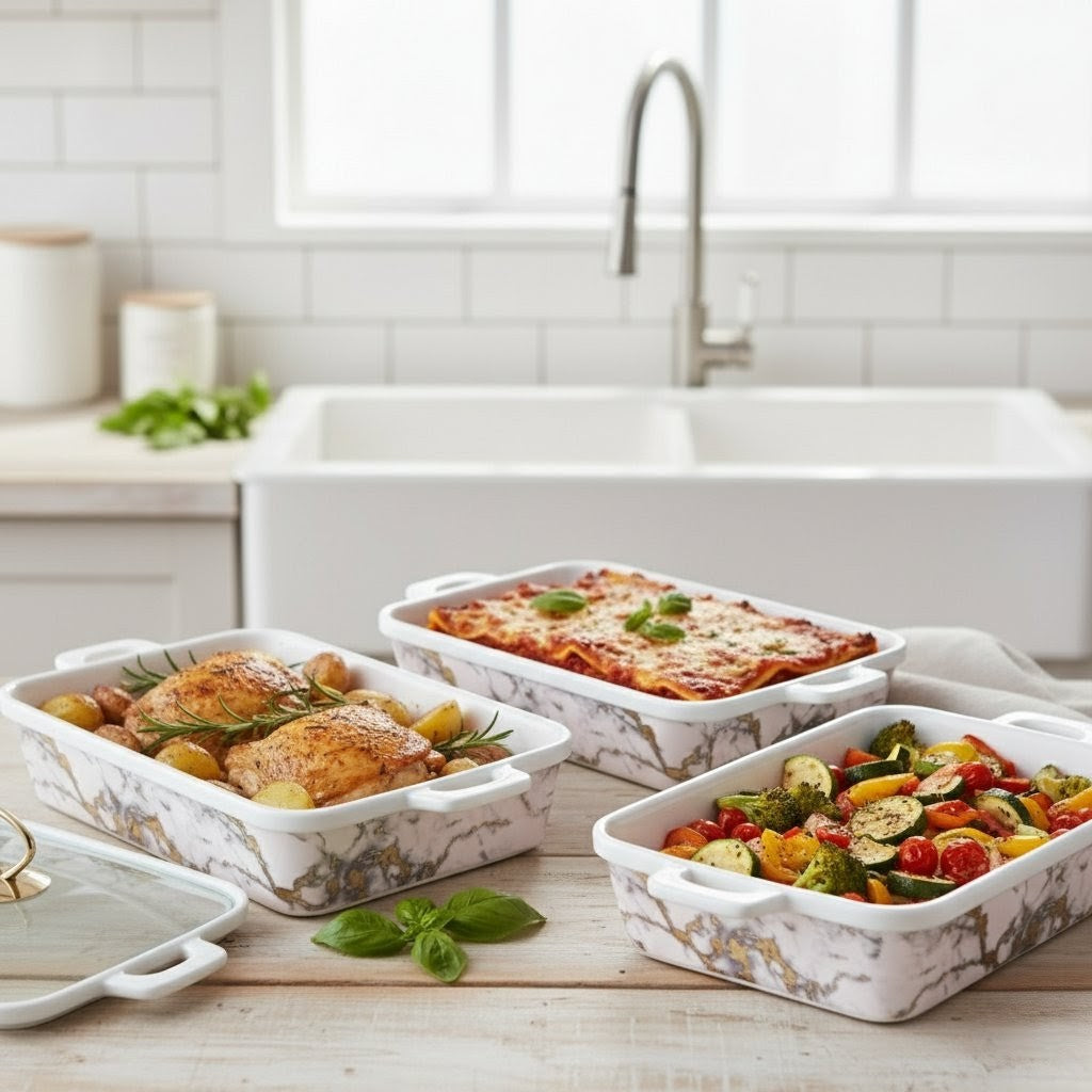 3-Piece White and Gold Ceramic Chafing Dish Set